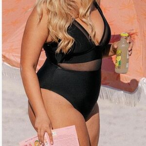 Cupshe Women Black One Piece deep V-front, back Swimsuit with Sheer band waist